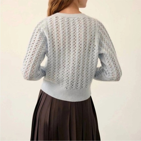 WHITE + WARREN Cashmere Open Stitch Cardigan in Sky Blue Size Medium - Picture 2 of 13